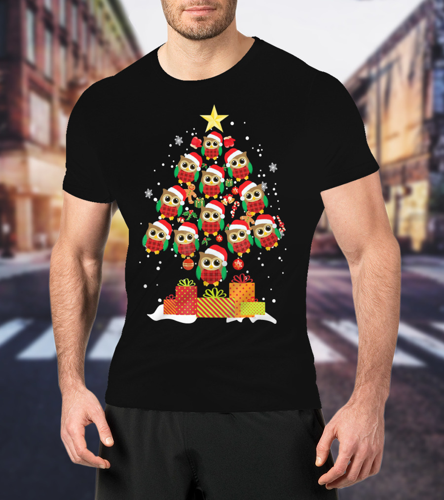 Owl Christmas Tree With Santa Hats And Presents For Owl Lovers T-Shirt