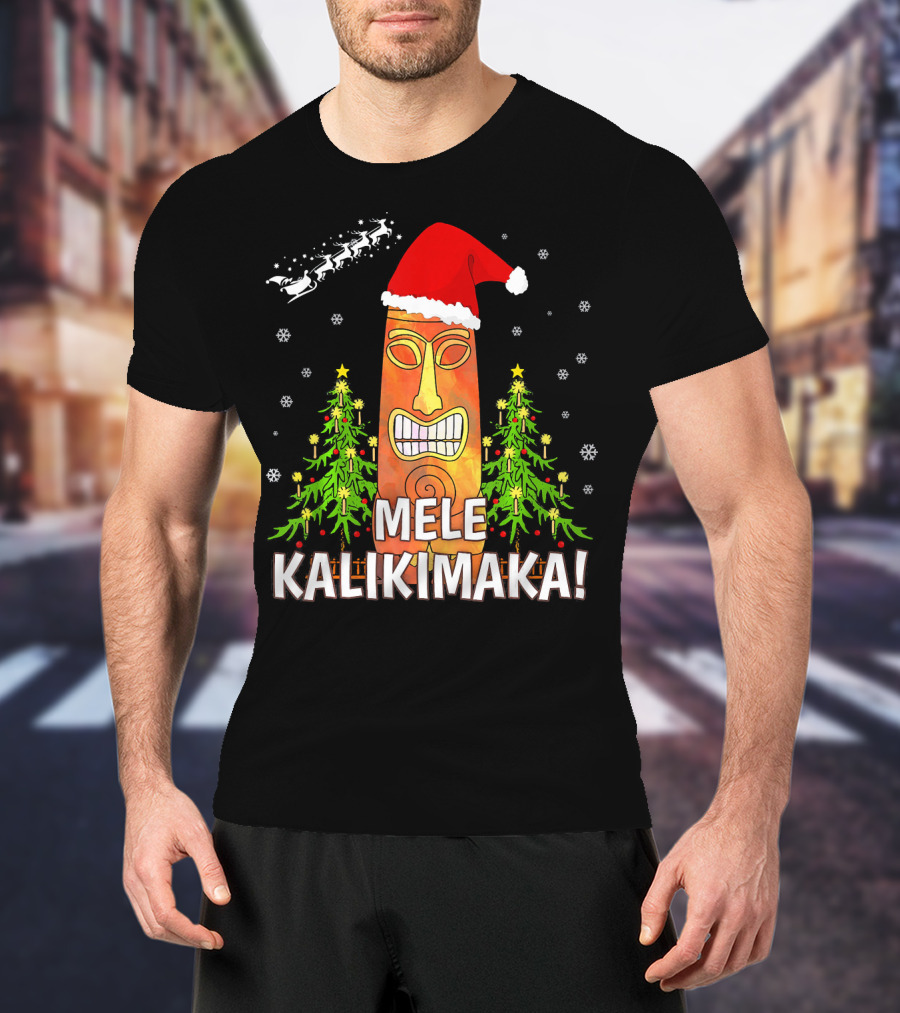 Mele Kalikimaka Santa Hat Tiki Christmas Trees Snowflakes Santa Sleigh T-Shirt