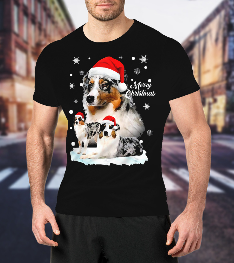 Australian Shepherds Merry Christmas Santa Hats Snowflakes T-Shirt