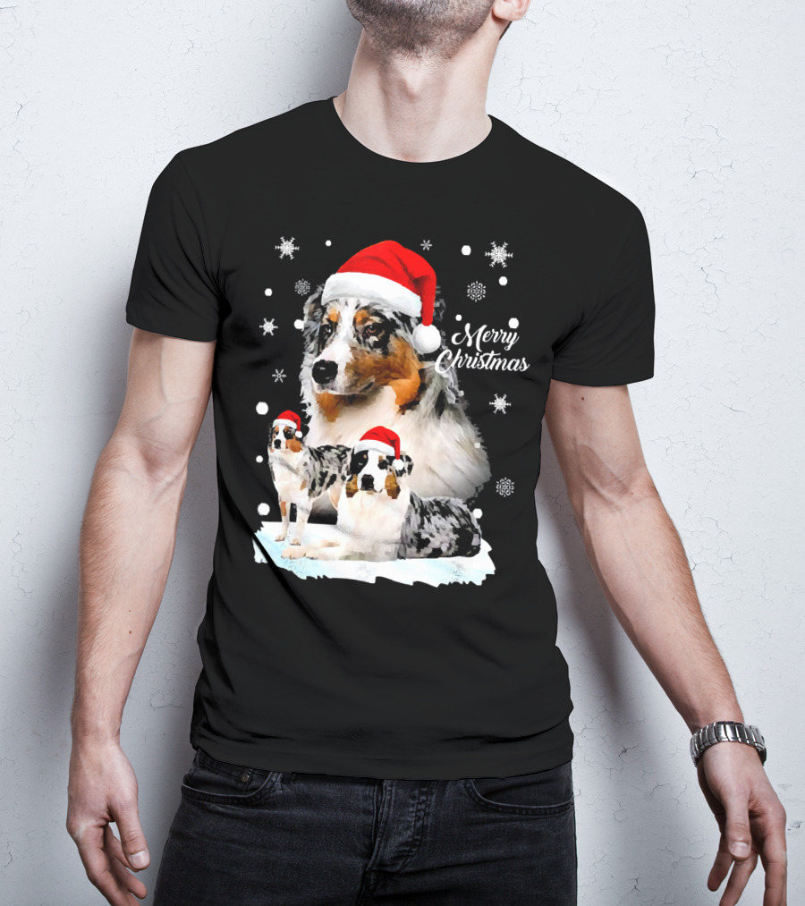 Australian Shepherds Merry Christmas Santa Hats Snowflakes T-Shirt