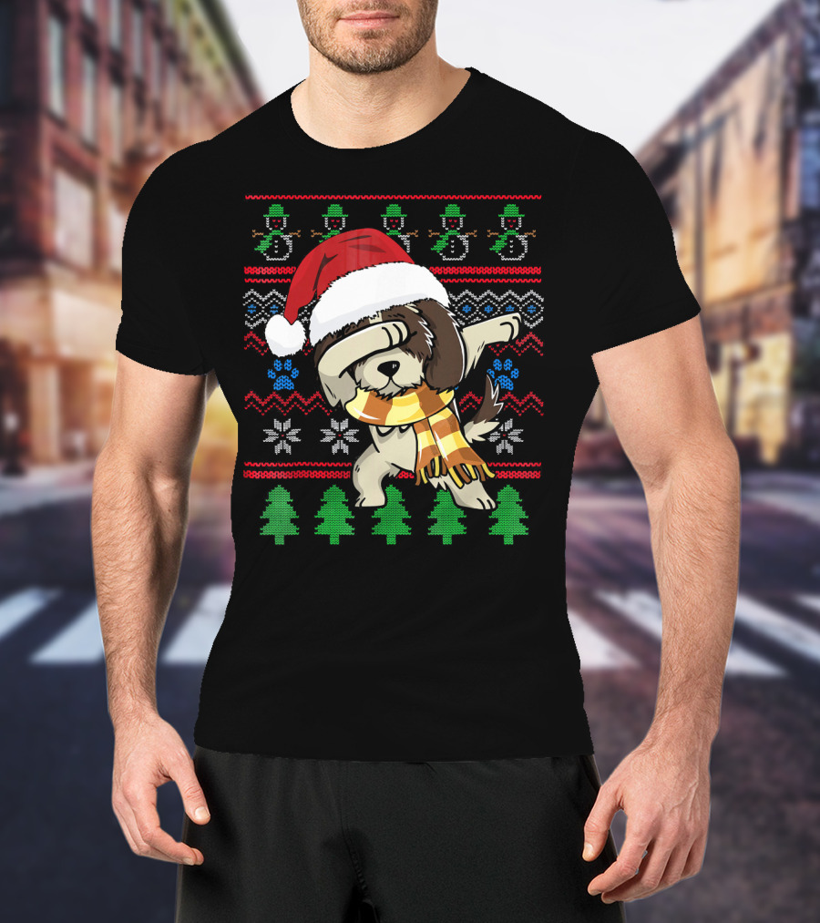 Shih Tzu Dabbing UglyStyle Christmas Santa Hat Scarf Snowflakes Trees T-Shirt