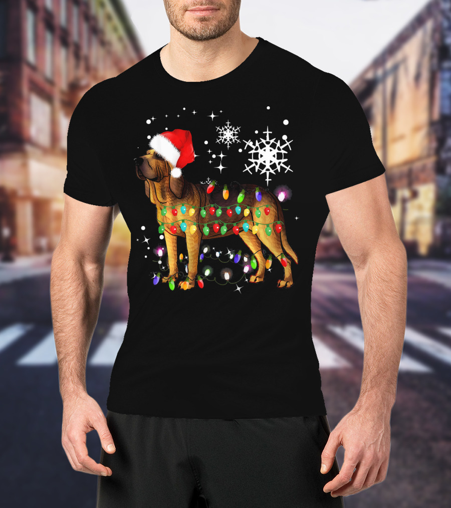 Bloodhound Dog Wrapped In Christmas Lights Santa Hat Snowflakes T-Shirt