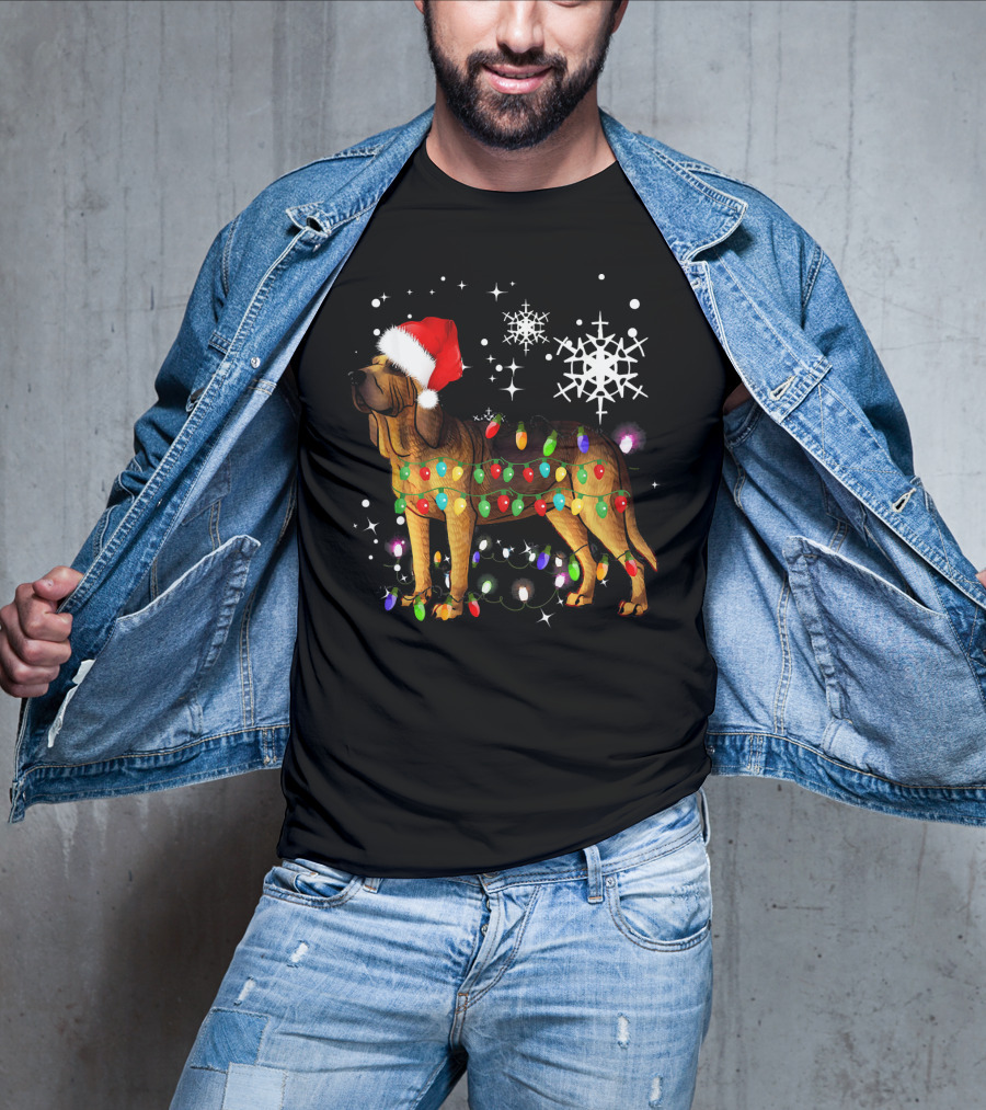 Bloodhound Dog Wrapped In Christmas Lights Santa Hat Snowflakes T-Shirt