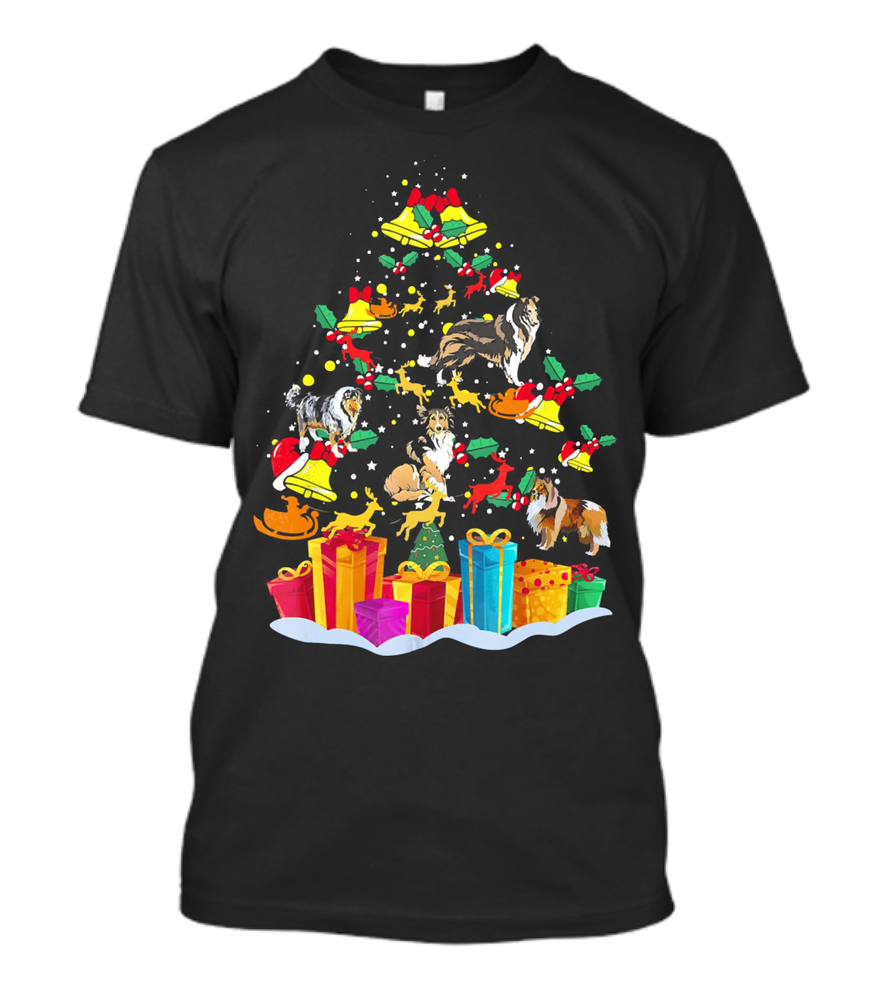 Rough Collie Christmas Tree Funny Reindeer Presents Holiday Bells T-Shirt