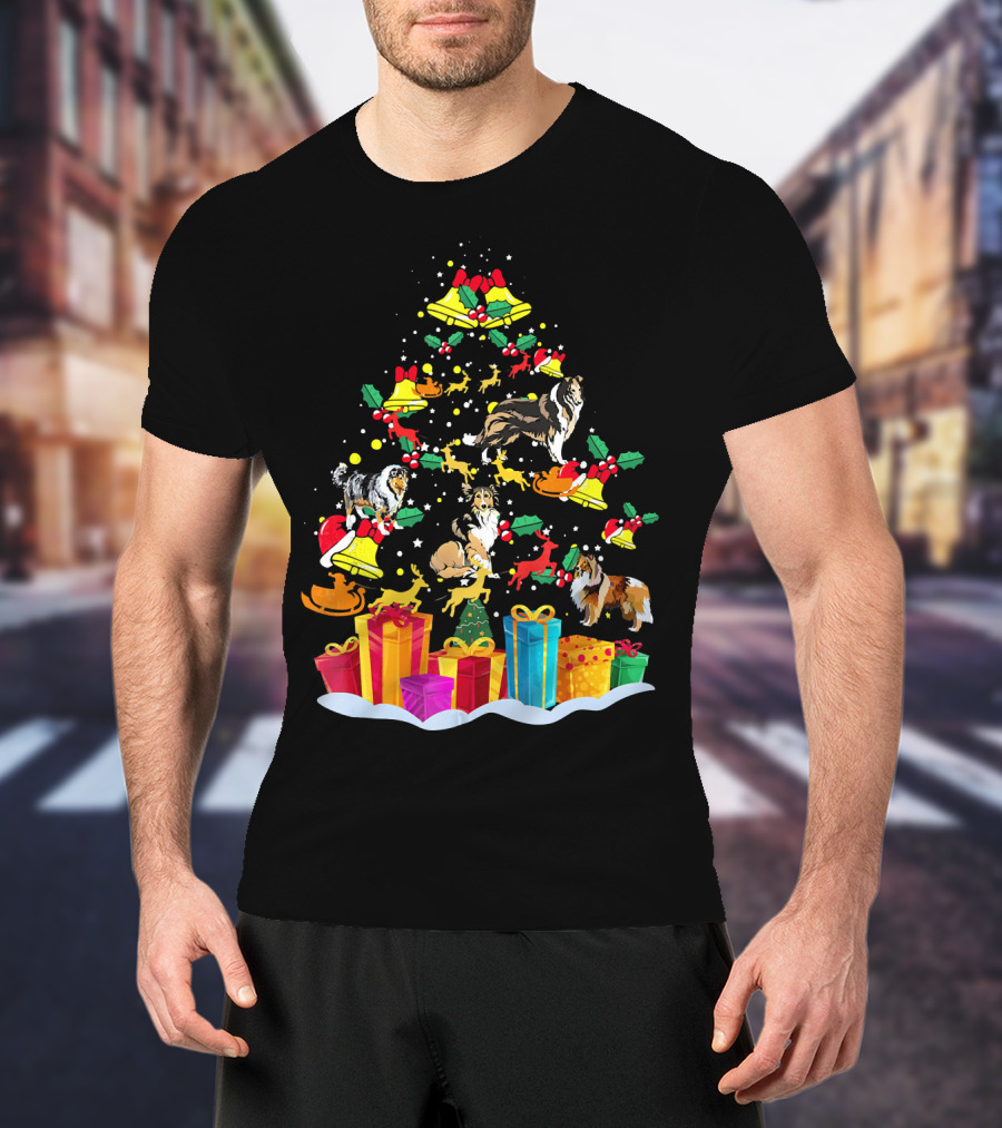 Rough Collie Christmas Tree Funny Reindeer Presents Holiday Bells T-Shirt