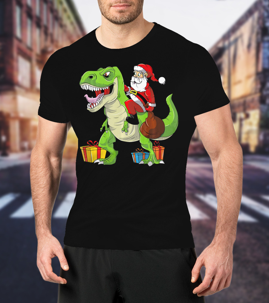Funny Christmas Kids Santa Riding Dinosaur With Gifts T-Shirt