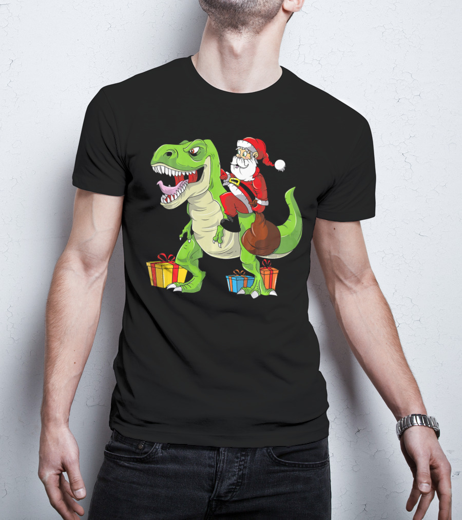 Funny Christmas Kids Santa Riding Dinosaur With Gifts T-Shirt