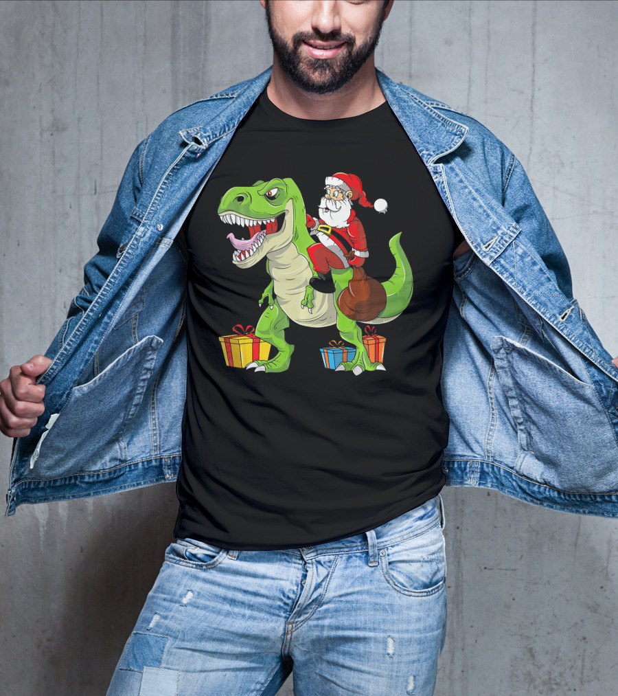 Funny Christmas Kids Santa Riding Dinosaur With Gifts T-Shirt