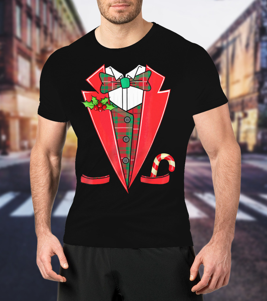 Tux Christmas Fancy Xmas Costume Red Suit Bow Candy Cane T-Shirt