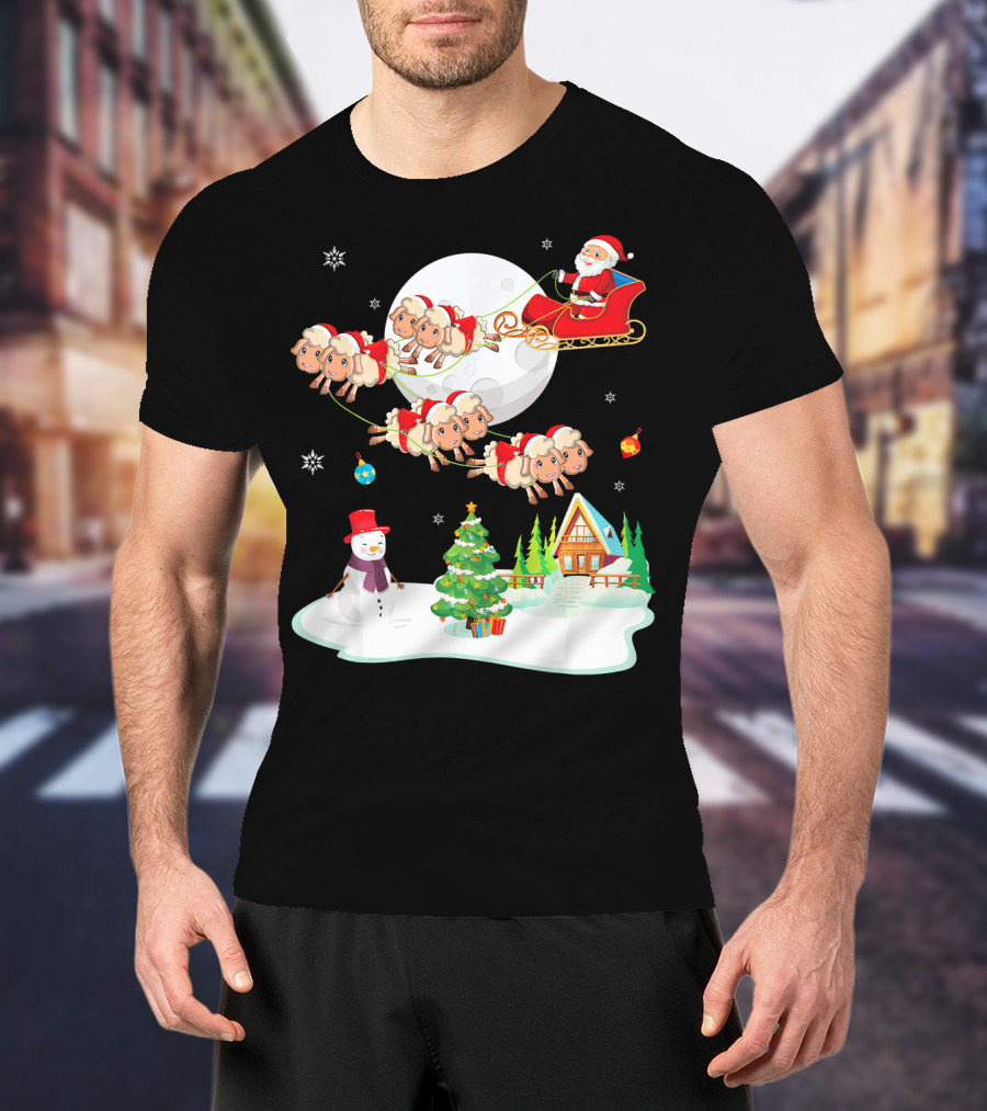 Santa Noel With Dancing Snowman And Sheep Sleigh By Moon T-Shirt