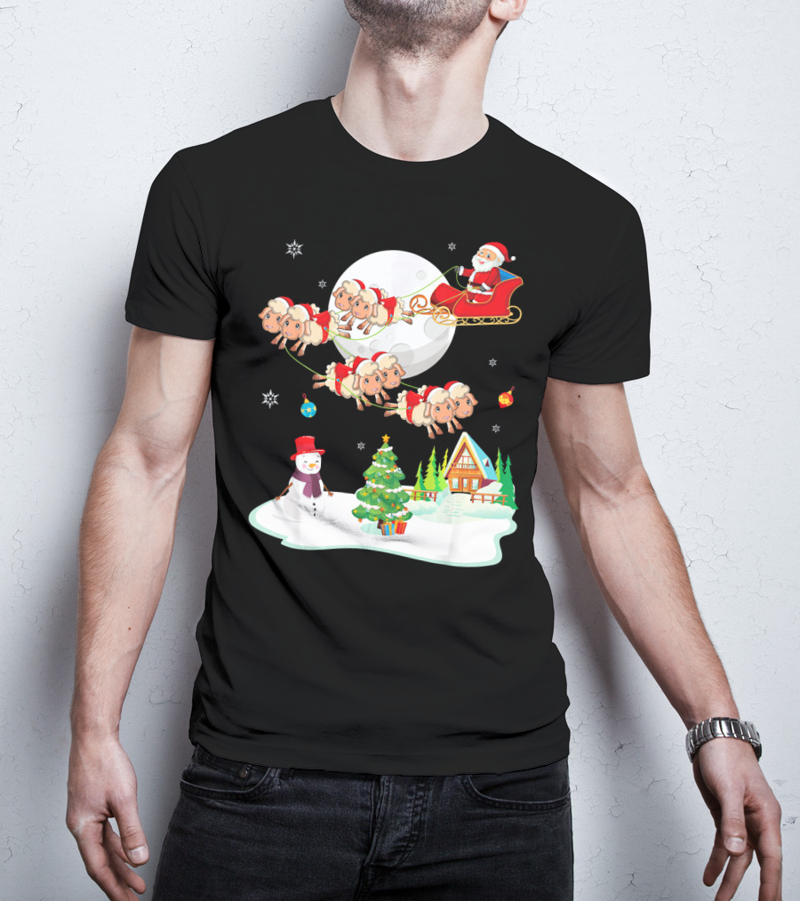 Santa Noel With Dancing Snowman And Sheep Sleigh By Moon T-Shirt