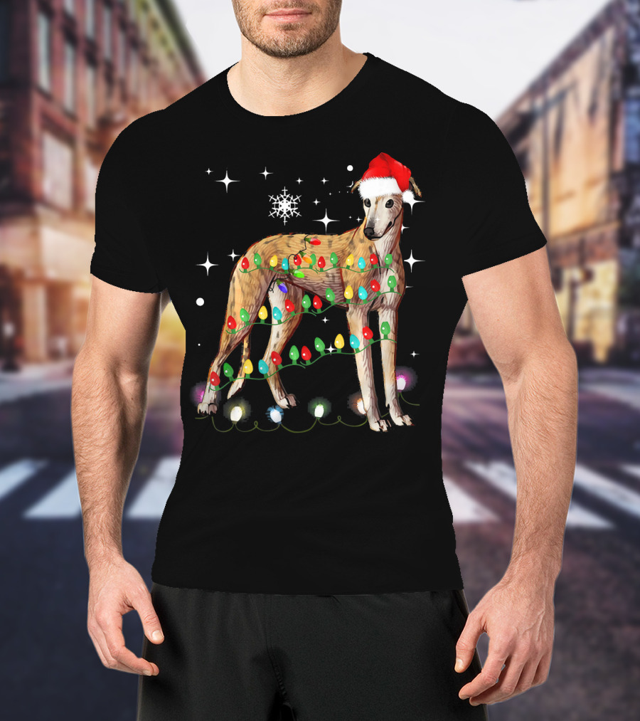 Greyhound Dog With Christmas Lights And Santa Hat T-Shirt