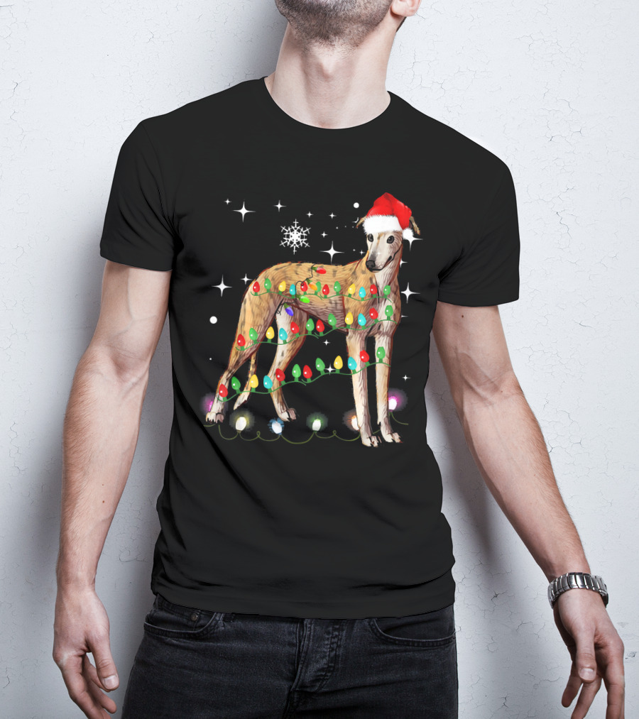 Greyhound Dog With Christmas Lights And Santa Hat T-Shirt
