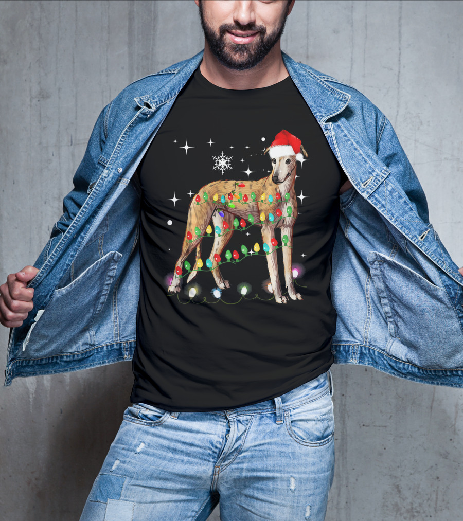 Greyhound Dog With Christmas Lights And Santa Hat T-Shirt