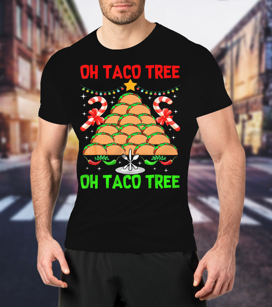 Oh Taco Tree Christmas Candy Cane Funny Party T-Shirt