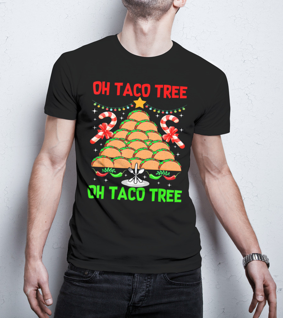 Oh Taco Tree Christmas Candy Cane Funny Party T-Shirt