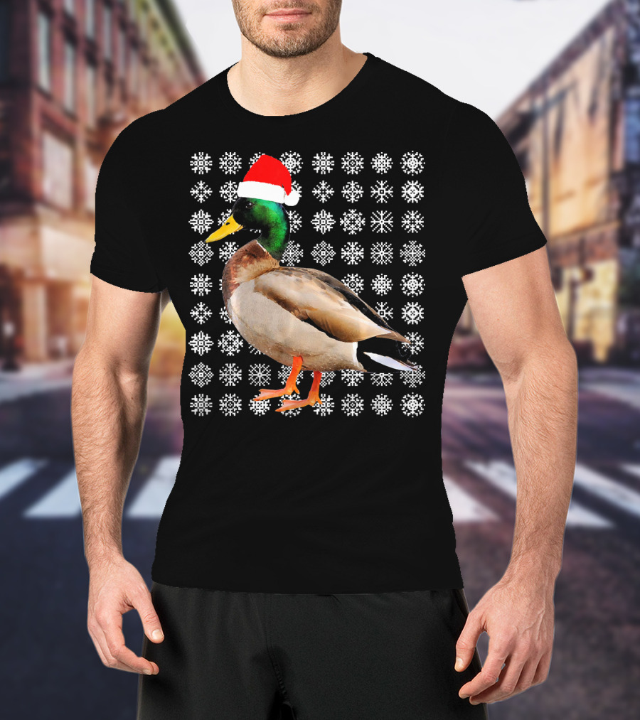 Mallard Duck In Santa Hat With Snowflake Pattern Background T-Shirt