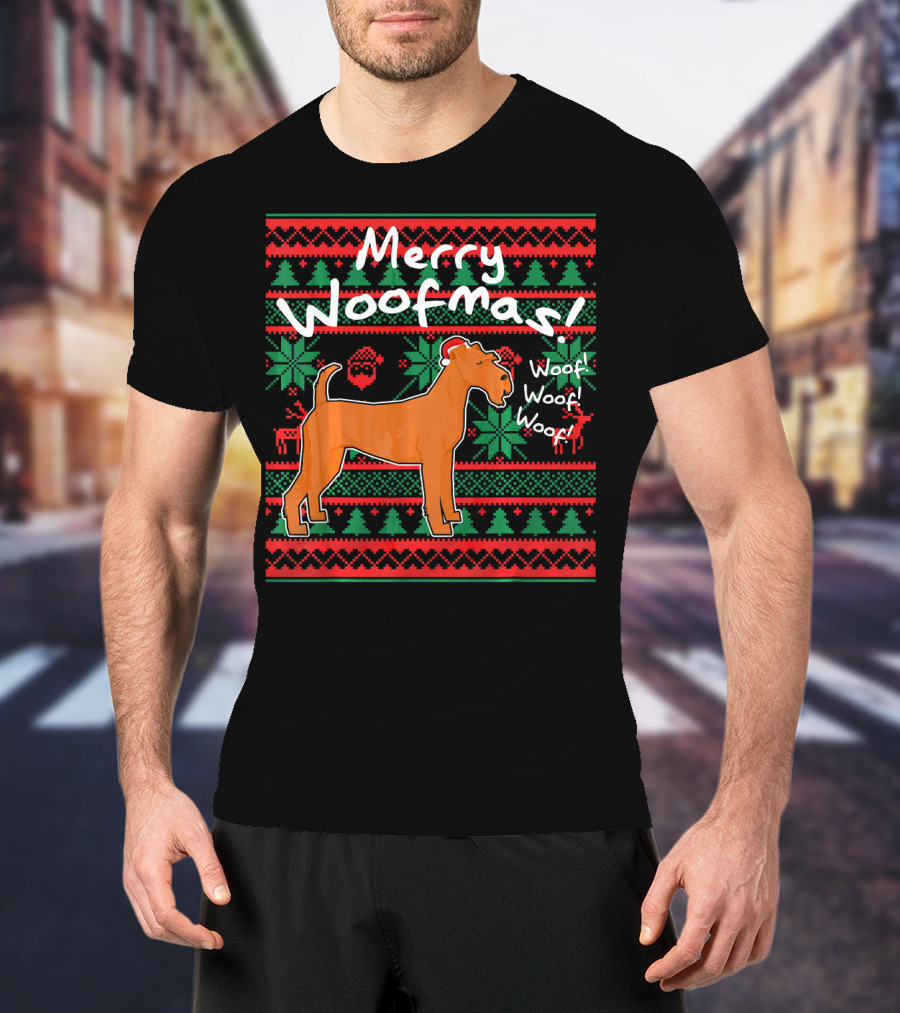 Merry Woofmas Irish Terrier Dog Woof Woof Santas Hat Fair Isle Pattern Sweater Holiday T-Shirt