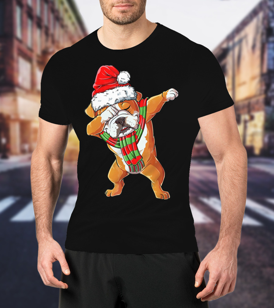 Dabbing English Bulldog Santa Claus With Christmas Hat And Scarf T-Shirt