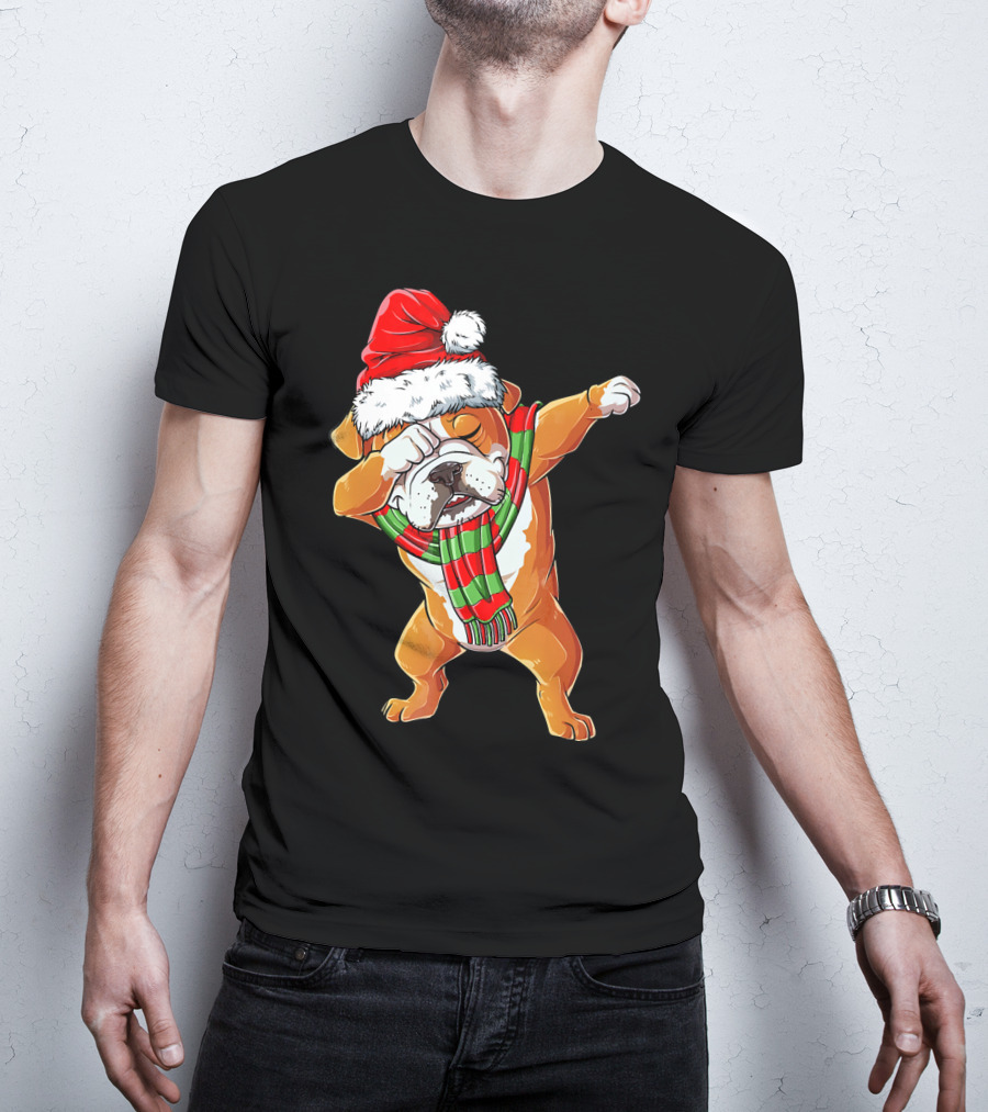 Dabbing English Bulldog Santa Claus With Christmas Hat And Scarf T-Shirt