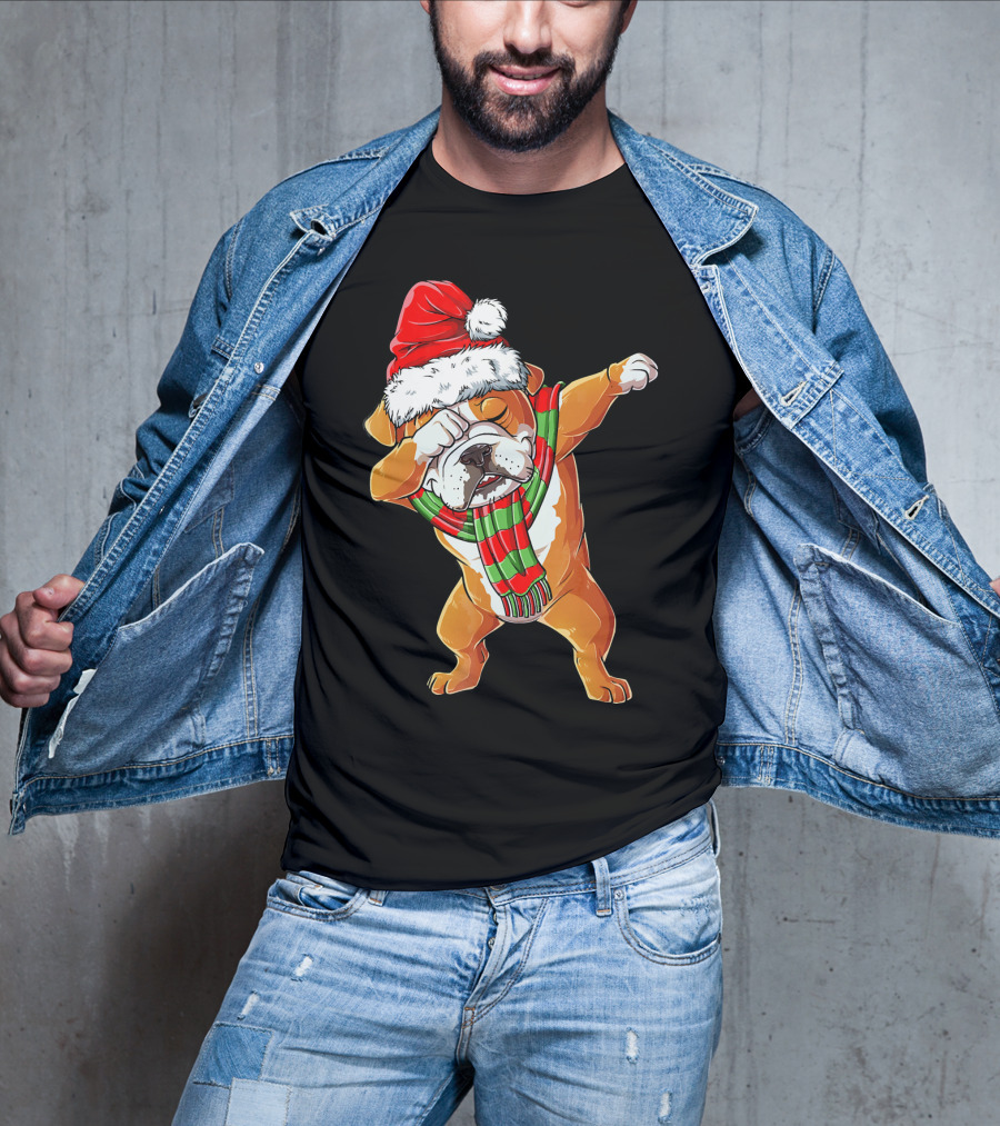 Dabbing English Bulldog Santa Claus With Christmas Hat And Scarf T-Shirt