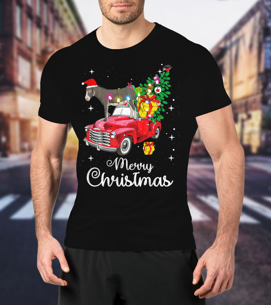 Merry Christmas Donkey Rides Red Truck With Santa Hat And Presents T-Shirt