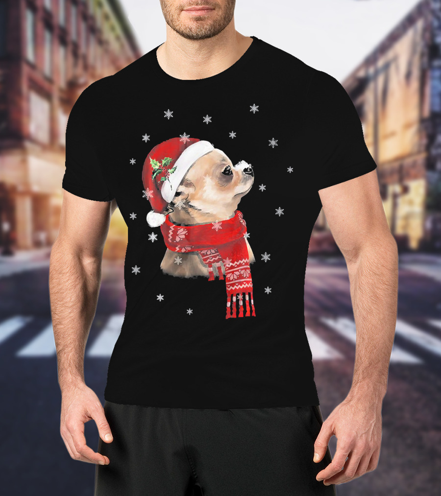 Chihuahua Christmas Cute Chihuahua Lover Festive Santa Hat And Scarf Snowflakes T-Shirt