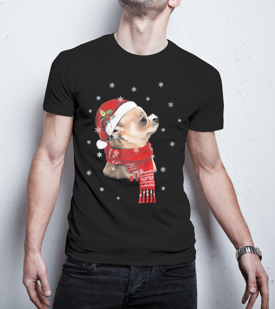 Chihuahua Christmas Cute Chihuahua Lover Festive Santa Hat And Scarf Snowflakes T-Shirt