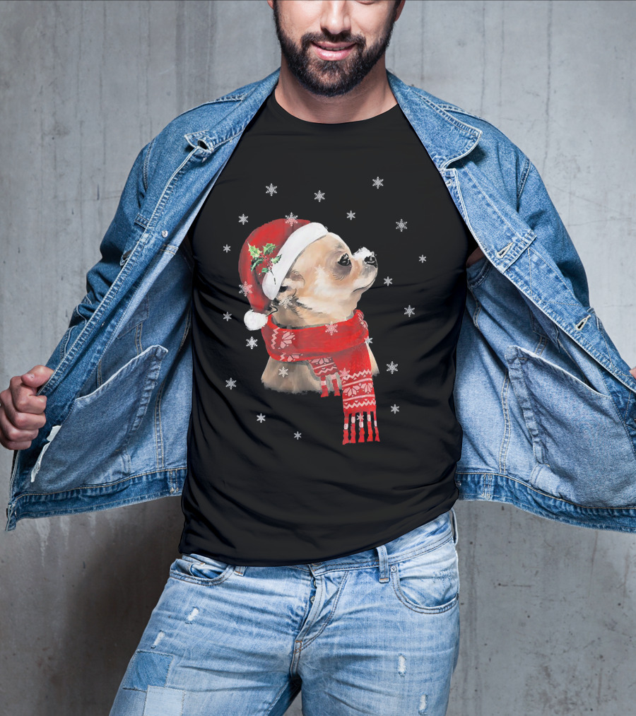 Chihuahua Christmas Cute Chihuahua Lover Festive Santa Hat And Scarf Snowflakes T-Shirt