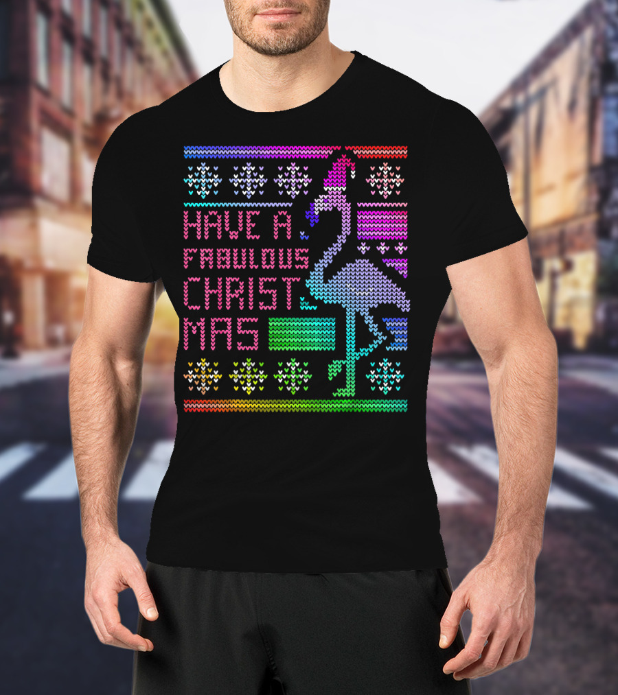 Have A Fabulous Christmas Flamingo Ugly Christmas Rainbow T-Shirt