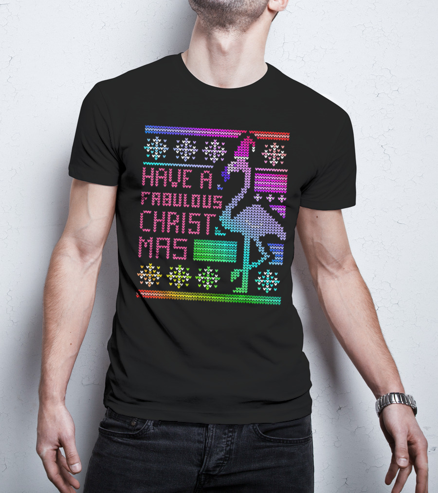 Have A Fabulous Christmas Flamingo Ugly Christmas Rainbow T-Shirt