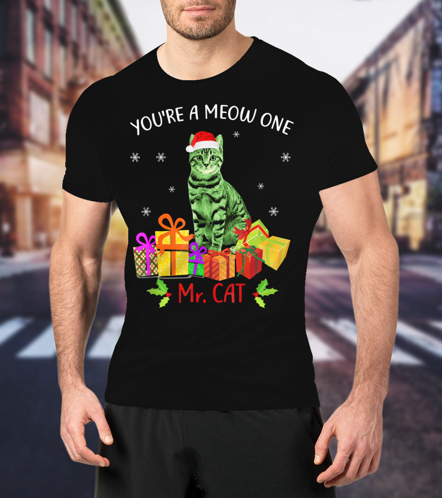 You're A Meow One Mr. Cat Christmas Holiday With Presents And Santa Hat T-Shirt