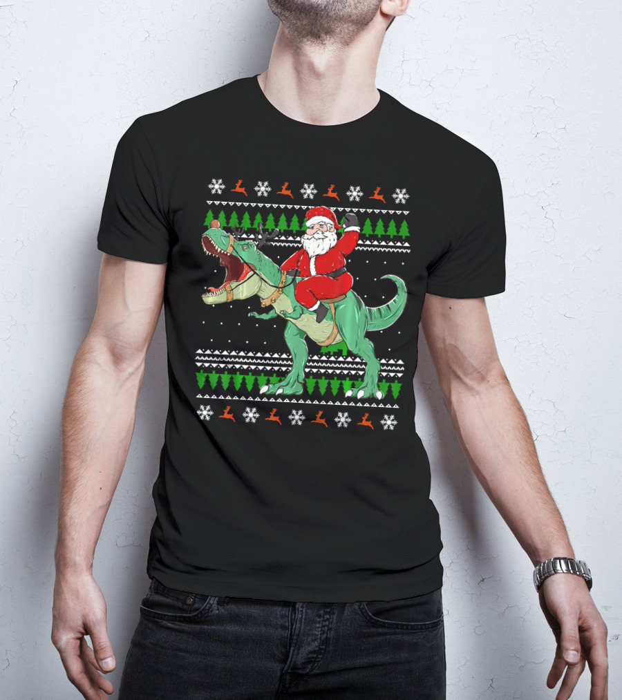 Santa Riding Dino Ugly Christmas Sweater With Snowflakes And Reindeer T-Shirt