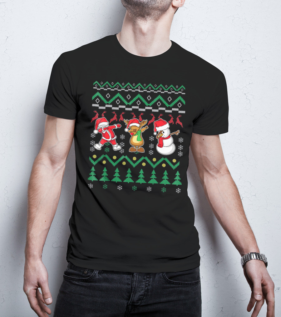 Santa Reindeer Snowman Dabbing Christmas T-Shirt