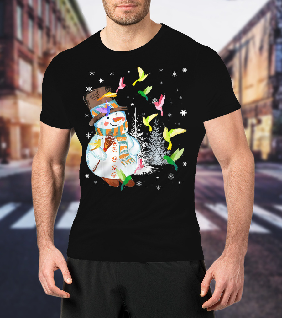 Merry Hummingbird Snowman With Colorful Birds And Snowflakes T-Shirt