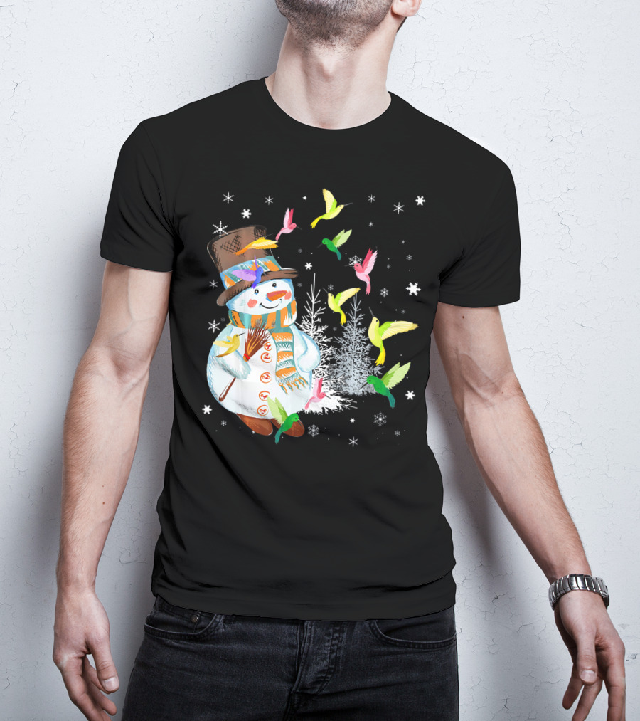 Merry Hummingbird Snowman With Colorful Birds And Snowflakes T-Shirt