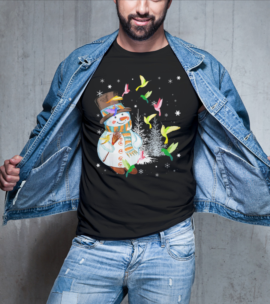 Merry Hummingbird Snowman With Colorful Birds And Snowflakes T-Shirt
