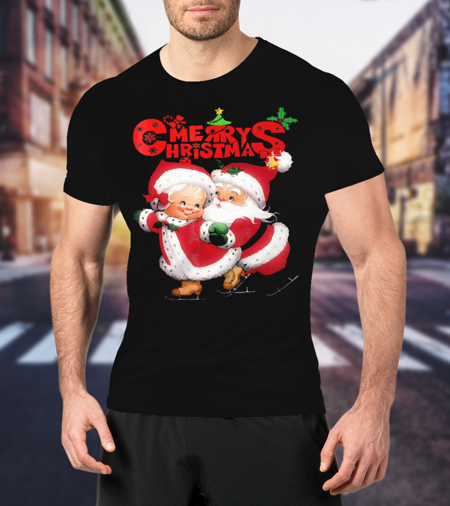 Merry Christmas Cute Mrs Claus And Santa Skating T-Shirt
