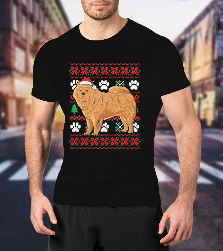 Chow Chow Ugly Christmas Sweater With Santa Hat And Paw Prints T-Shirt