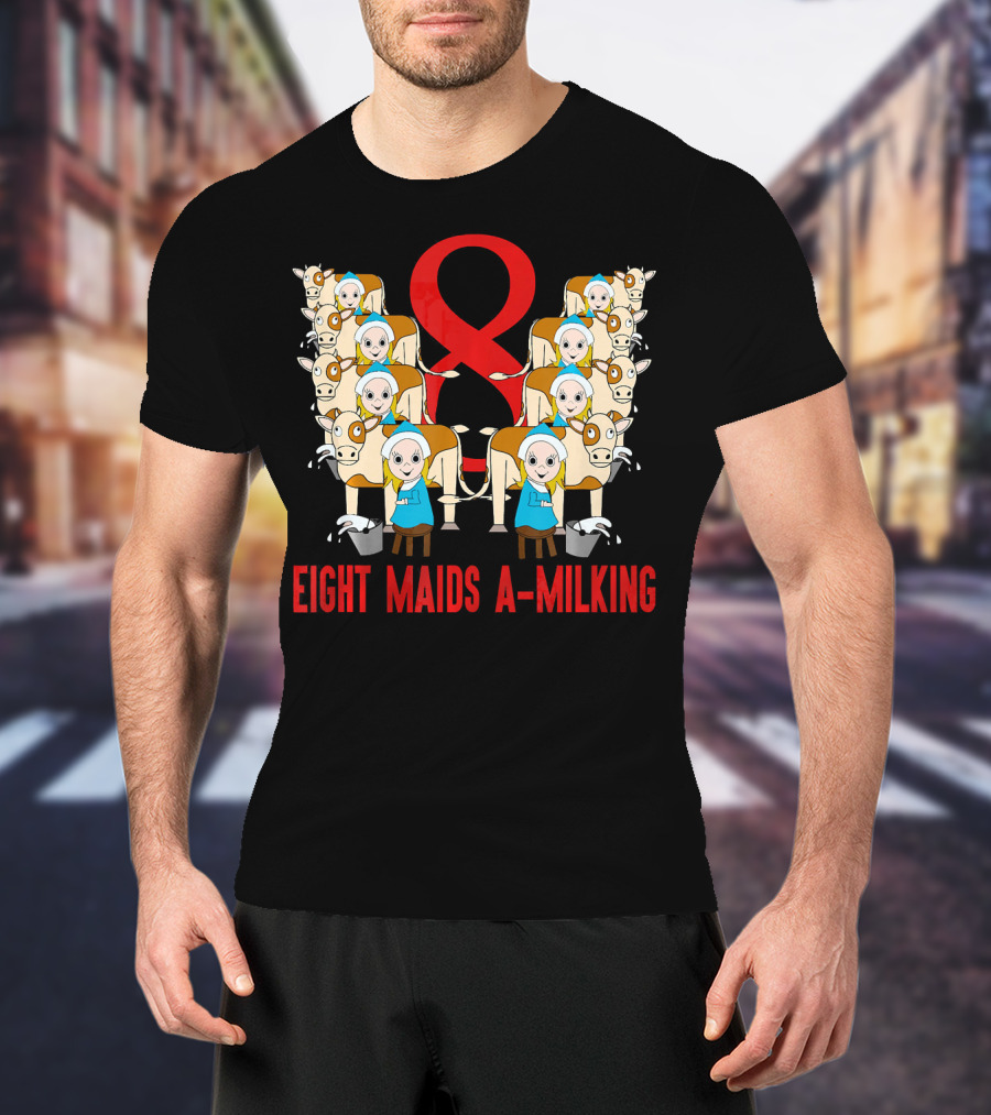 Eight Maids A-Milking Cows With Red Ribbon Background T-Shirt