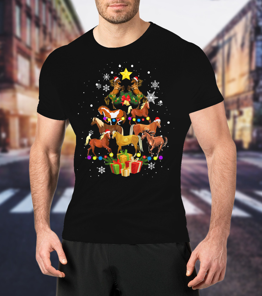Horse Christmas Tree Festive Snowflakes T-Shirt