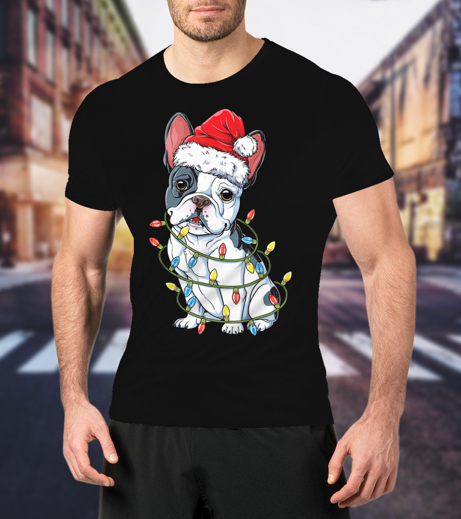 French Bulldog Christmas Santa Hat Festive Lights T-Shirt