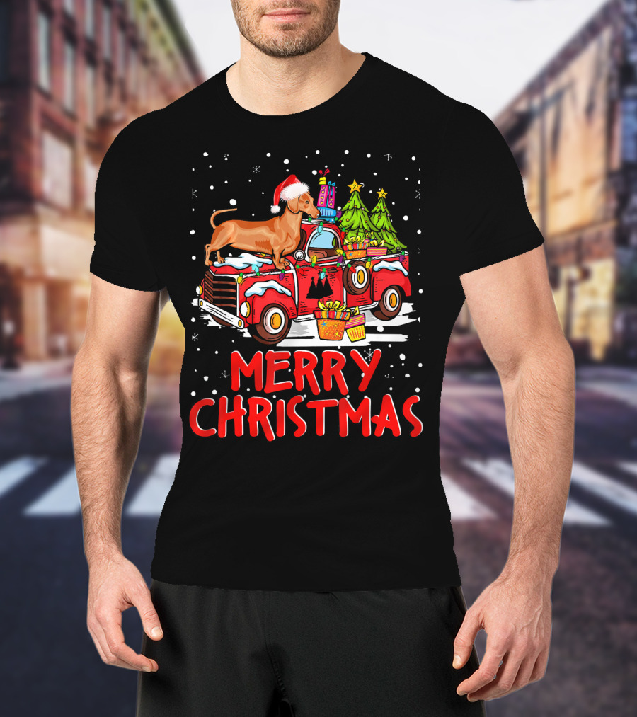 Merry Christmas Dachshund Santa Hat Red Truck With Gifts And Trees T-Shirt