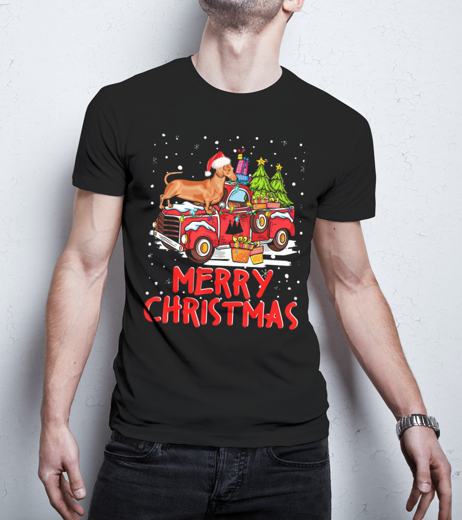 Merry Christmas Dachshund Santa Hat Red Truck With Gifts And Trees T-Shirt