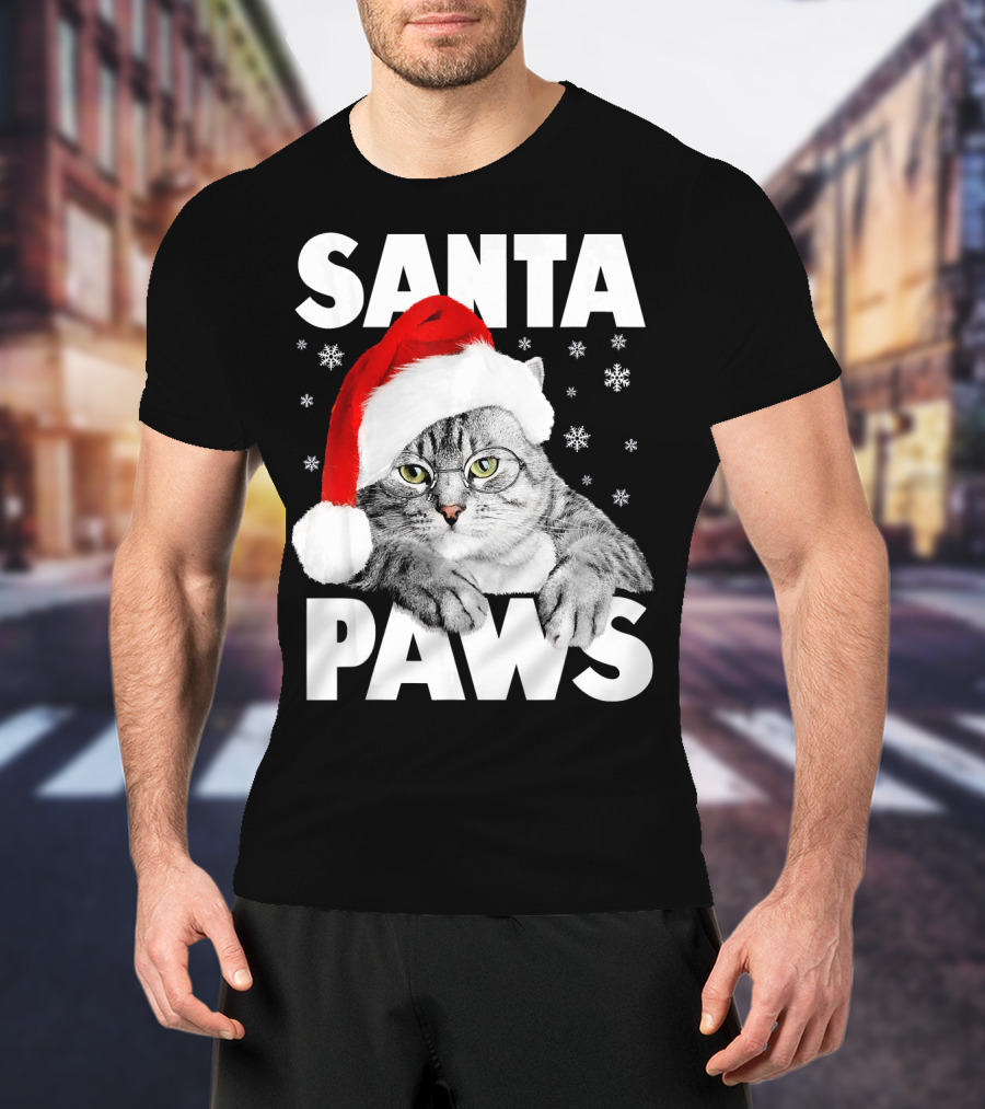 Santa Paws Christmas Kitty Cat Funny Graphic Snowflakes Hat T-Shirt