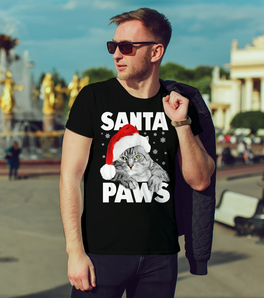 Santa Paws Christmas Kitty Cat Funny Graphic Snowflakes Hat T-Shirt