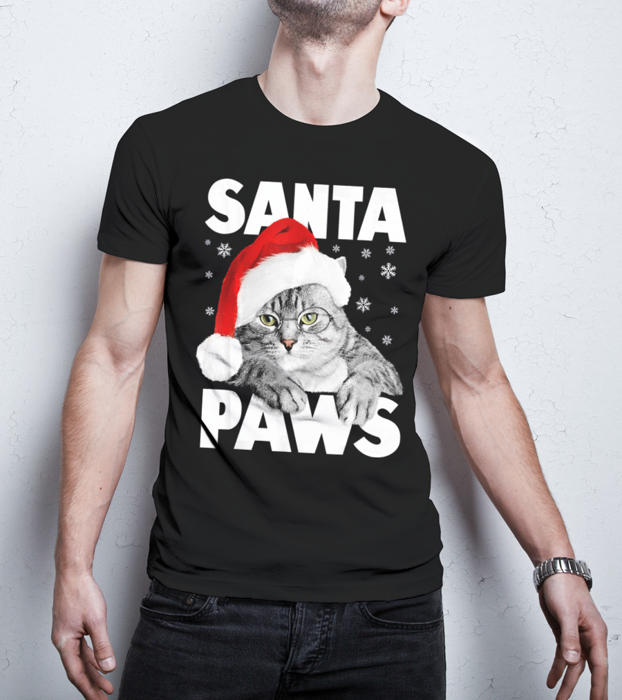 Santa Paws Christmas Kitty Cat Funny Graphic Snowflakes Hat T-Shirt