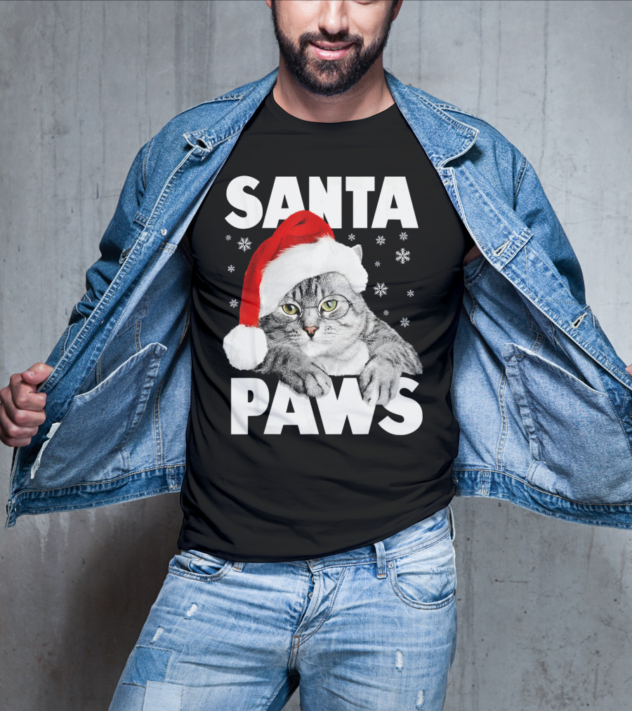 Santa Paws Christmas Kitty Cat Funny Graphic Snowflakes Hat T-Shirt