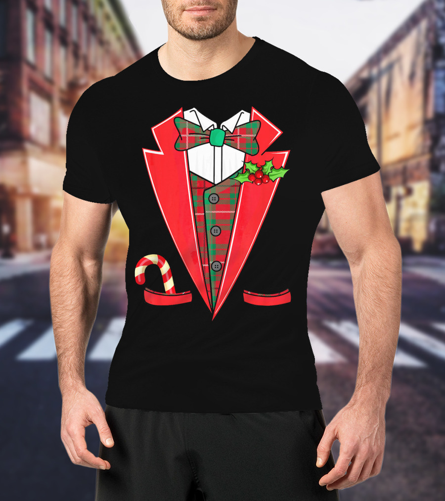 Tuxedo Christmas Fancy Xmas Co Red Plaid Bowtie Candy Cane Holiday Jacket T-Shirt