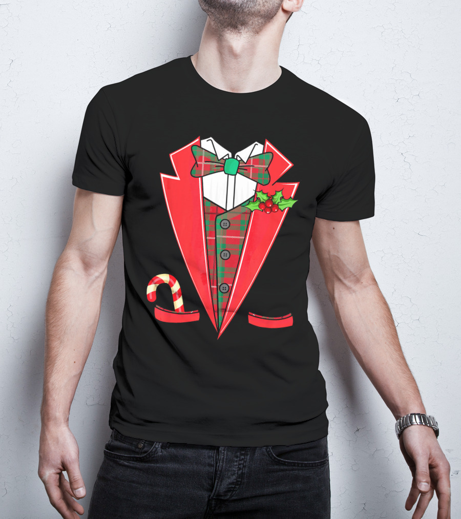 Tuxedo Christmas Fancy Xmas Co Red Plaid Bowtie Candy Cane Holiday Jacket T-Shirt